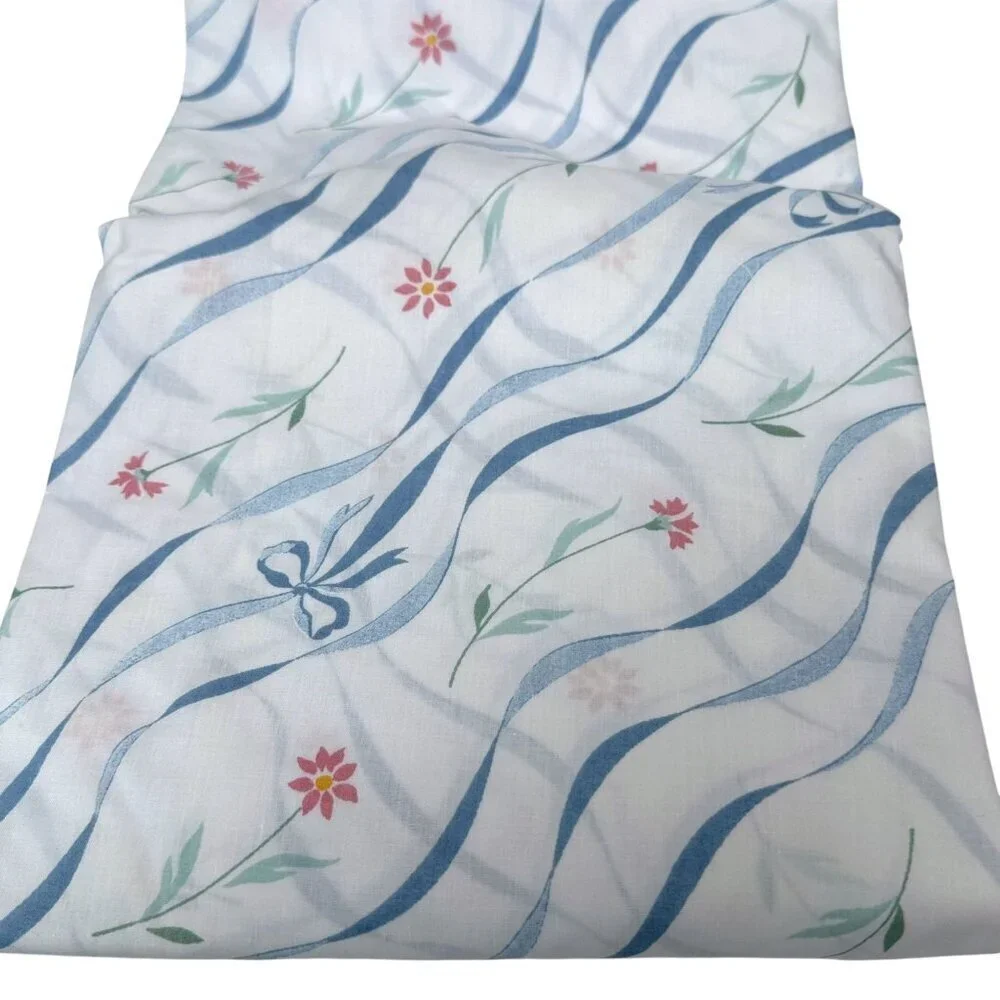 Vintage Fitted Sheet Full Size Blue Bow Floral by Danville No Iron Percale
